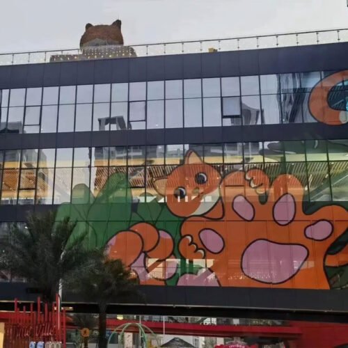 Application scenario images of one-way vision vinyl printed patterns applied to glass surfaces.