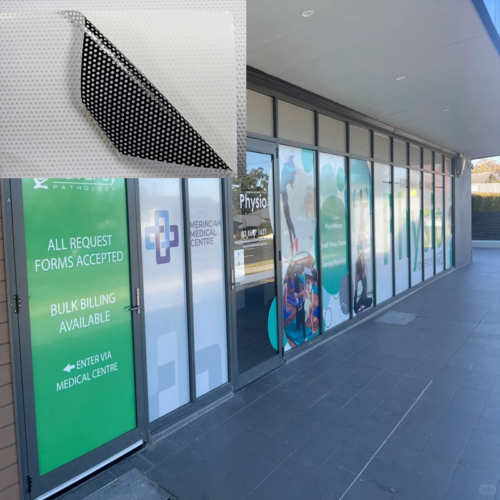 Application scenario images of one-way vision vinyl printed patterns applied to glass surfaces.