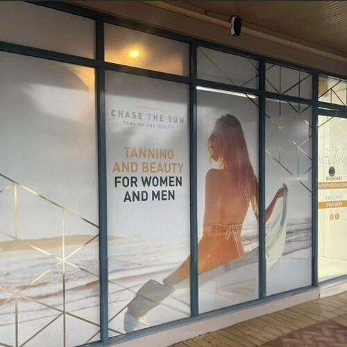 Application scenario images of one-way vision vinyl printed patterns applied to glass surfaces.