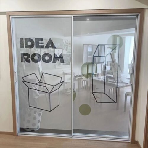 Application scenario images of one-way vision vinyl printed patterns applied to glass surfaces.