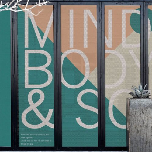 Application scenario images of one-way vision vinyl printed patterns applied to glass surfaces.