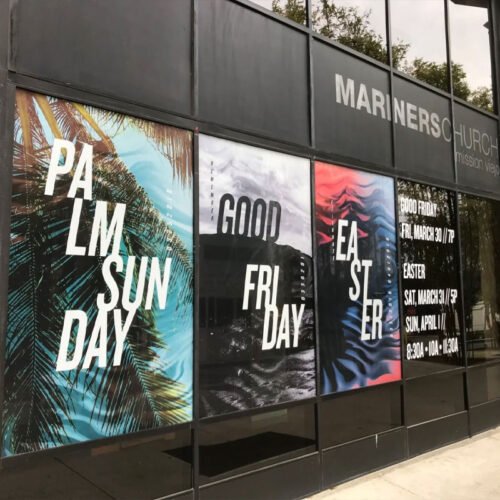 Application scenario images of one-way vision vinyl printed patterns applied to glass surfaces.