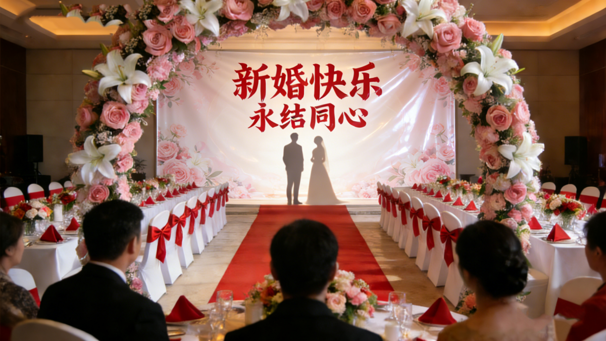 Wedding venue banner printing, graphic design, and background decoration.