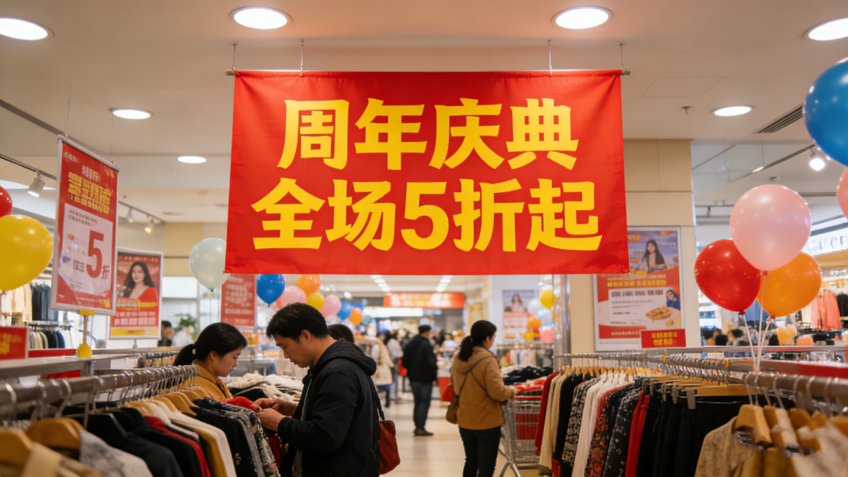 Shopping mall clothing store, PVC banner advertising discounts.