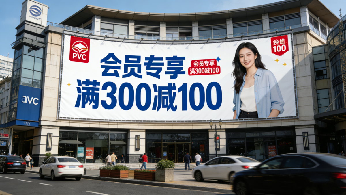Outdoor PVC banner printing for shopping mall advertising and promotional displays.
